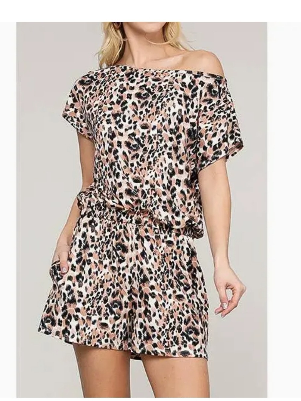 Off-Shoulder Leopard Print Romper in Blush and Black Large